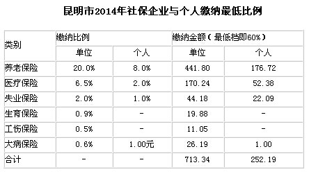 昆明市2014年社保繳企業(yè)與個人繳納比例